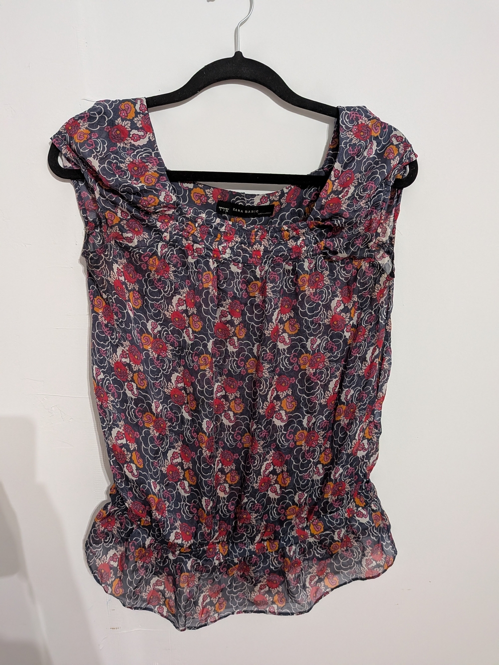 Zara Navy Floral Cap-Sleeve Blouse with Red and Yellow Accents
